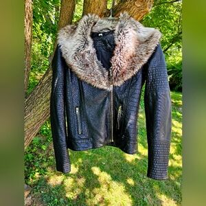 Only My Favourite Wardrobe Faux Leather Jacket w/ Removable Faux Fur Collar,Sz 6